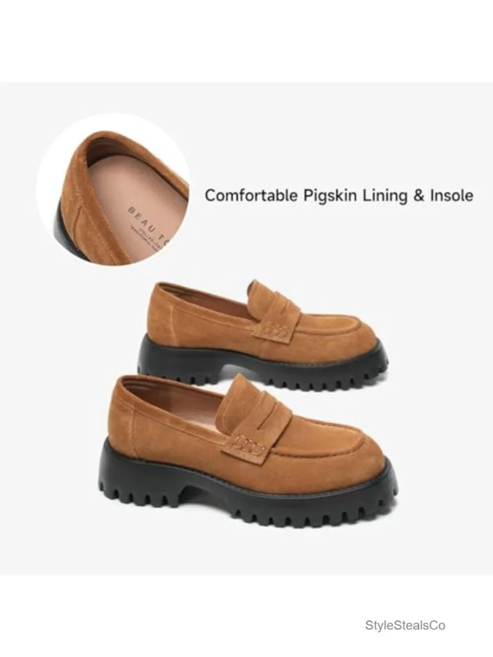 Women's Genuine Suede Loafers, Platform Chunky Penny Loafers, Lug Sole Slip On